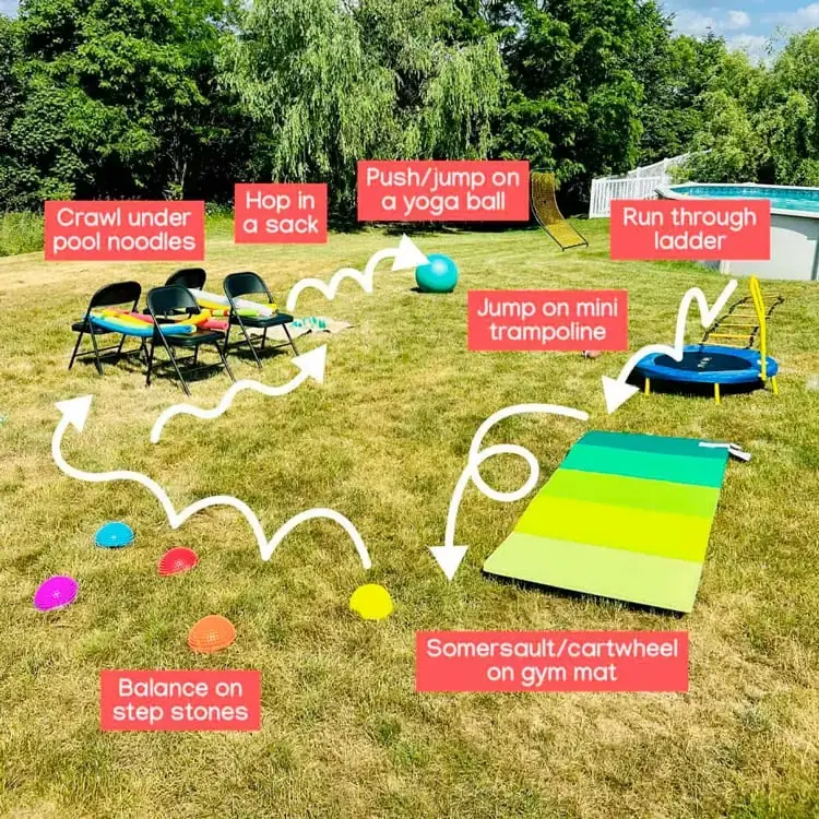 Obstacle course training zone with cones, tunnels, and balance beams