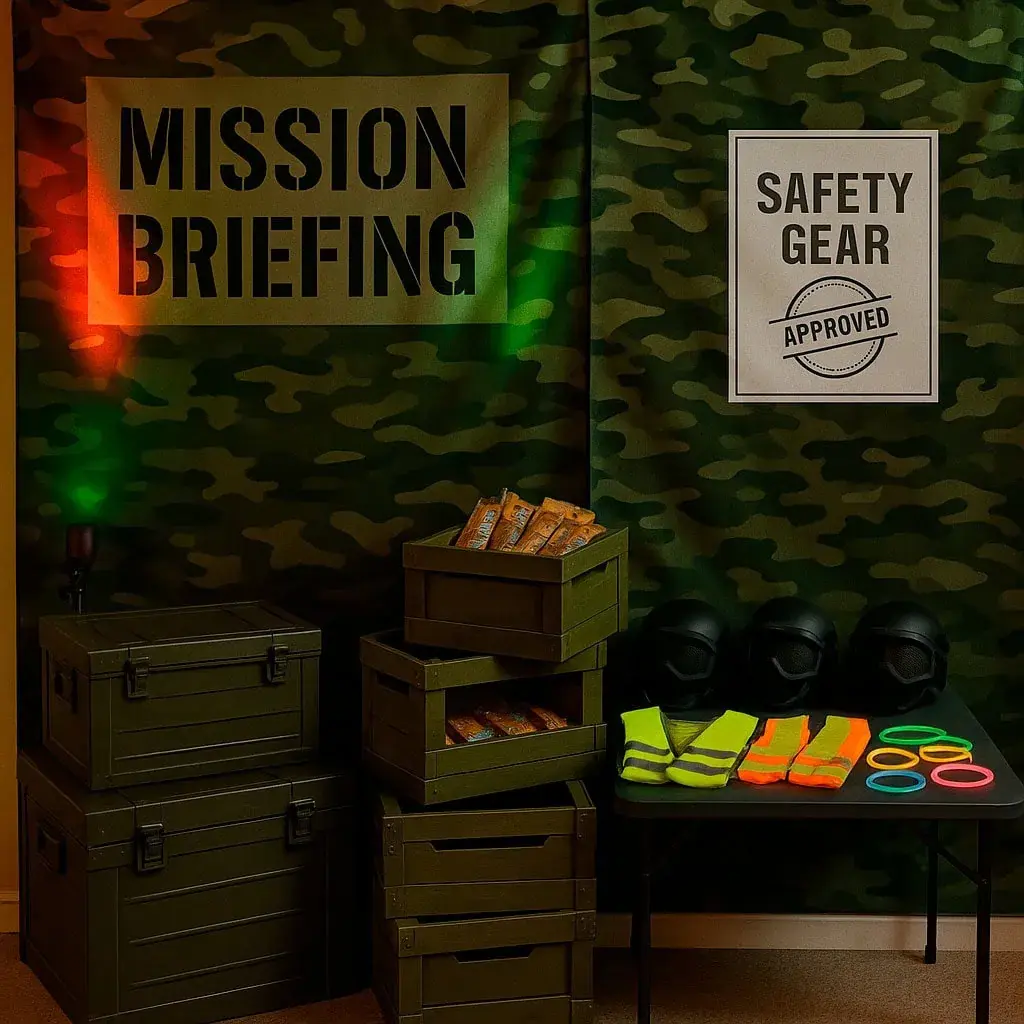Organized mission stations: backdrop, crates, and safety gear table