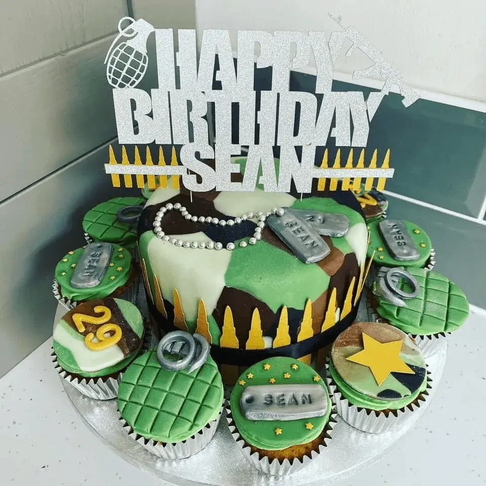 Target cupcakes with hazard stripes and stencil numbers