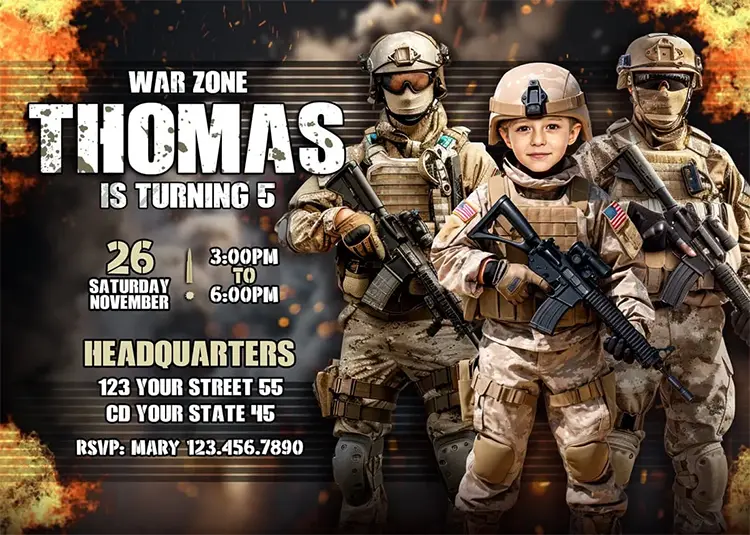 Personalized shooter invitation mockup with squad-leader vibe