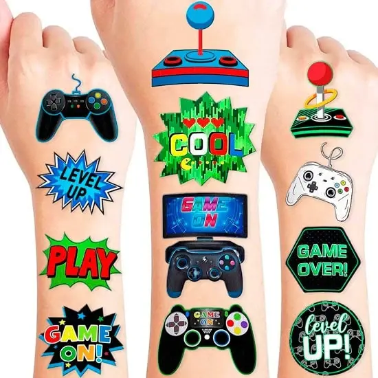 Gaming-inspired stickers and temporary tattoos for favor bags