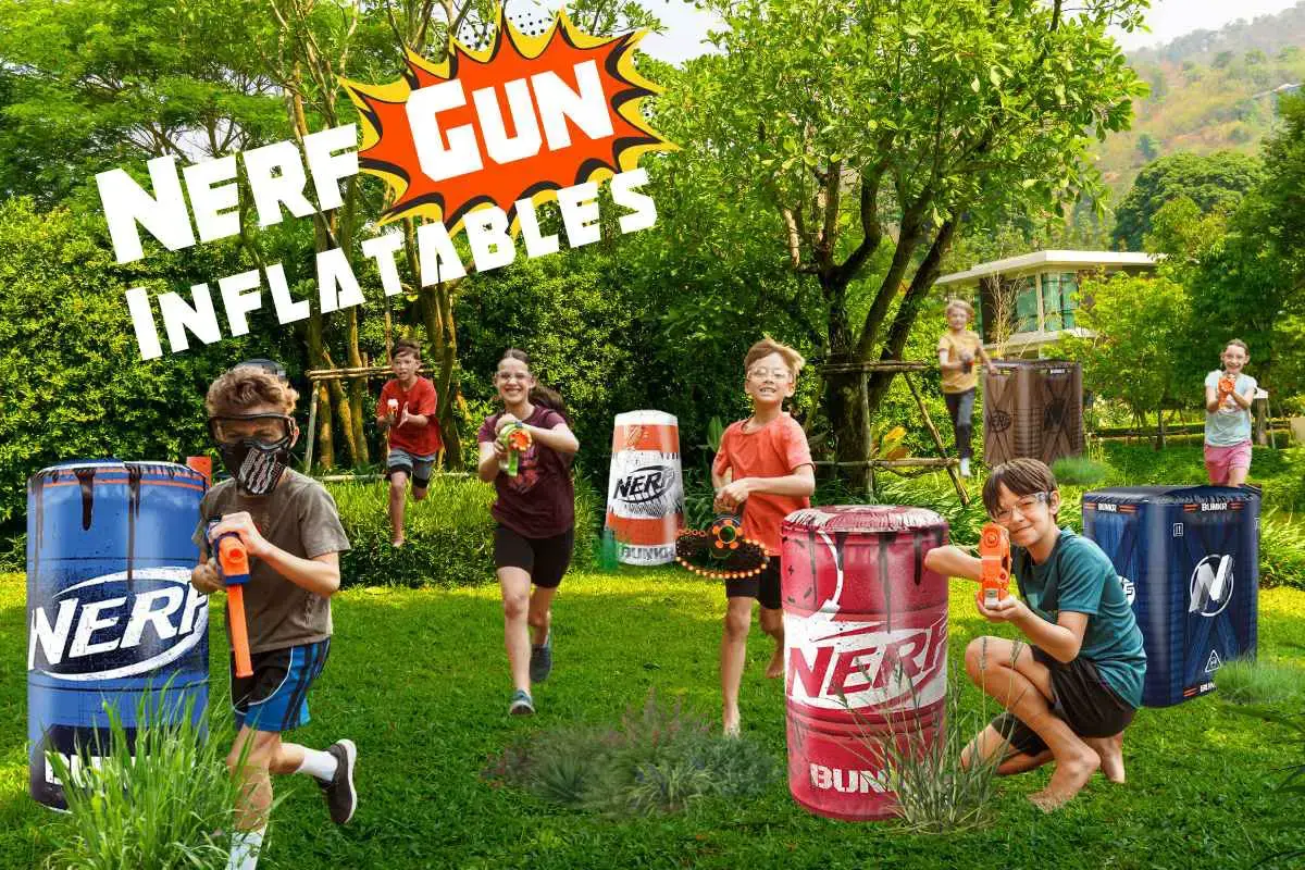 Battle Zone Nerf war with inflatable obstacles and cardboard forts