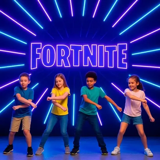 Kids doing a Fortnite dance challenge with neon backdrop
