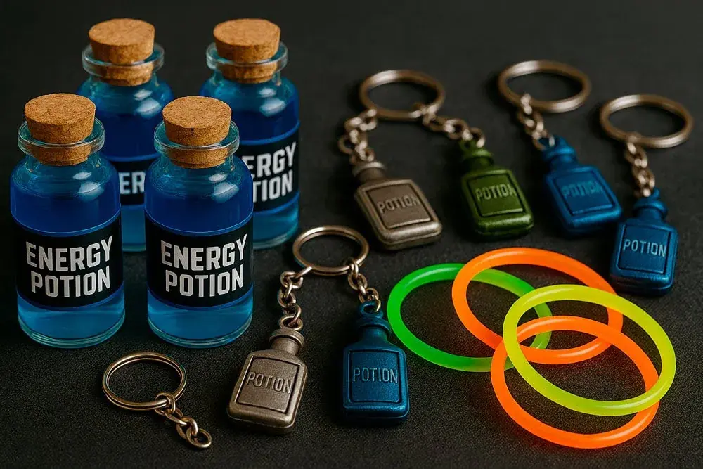 Close-up of energy potion bottles, metallic keychains and neon bracelets