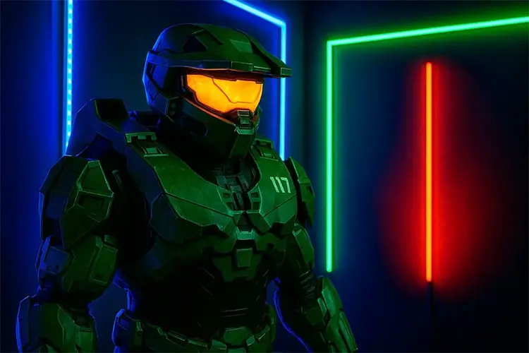 Halo mood lighting with LED strips and neon accents