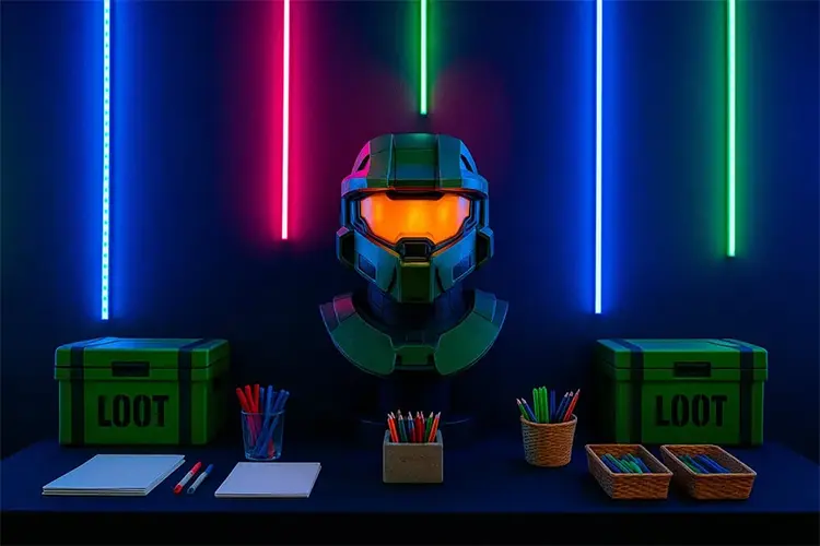 Neon backdrop with Spartan-inspired centerpiece and organized activity stations