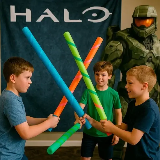 Energy sword battles using neon-wrapped pool noodles