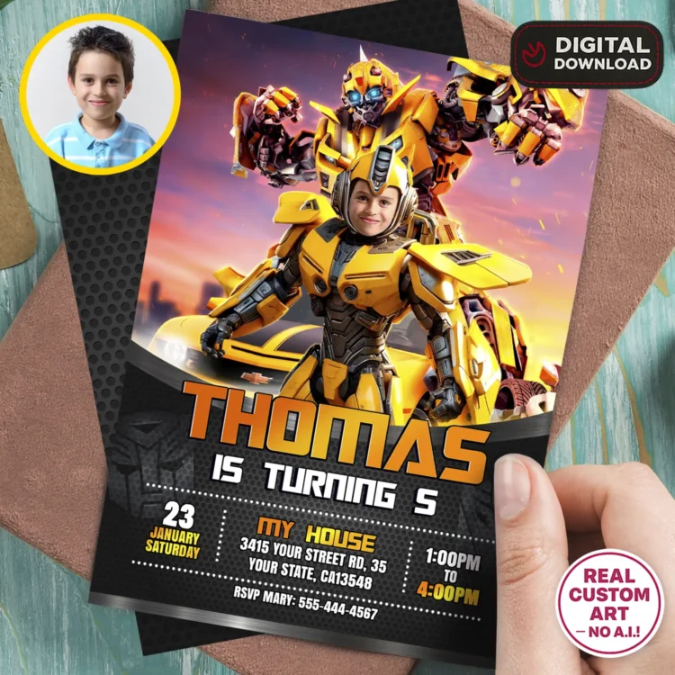 Transformers Bumblebee Birthday Invitation with Photo – Personalized Transformers Photo Card (24h Delivery) – Digital Download