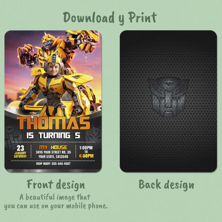 Transformers Bumblebee Birthday Invitation with Photo – Personalized Transformers Photo Card (24h Delivery) – Digital Download