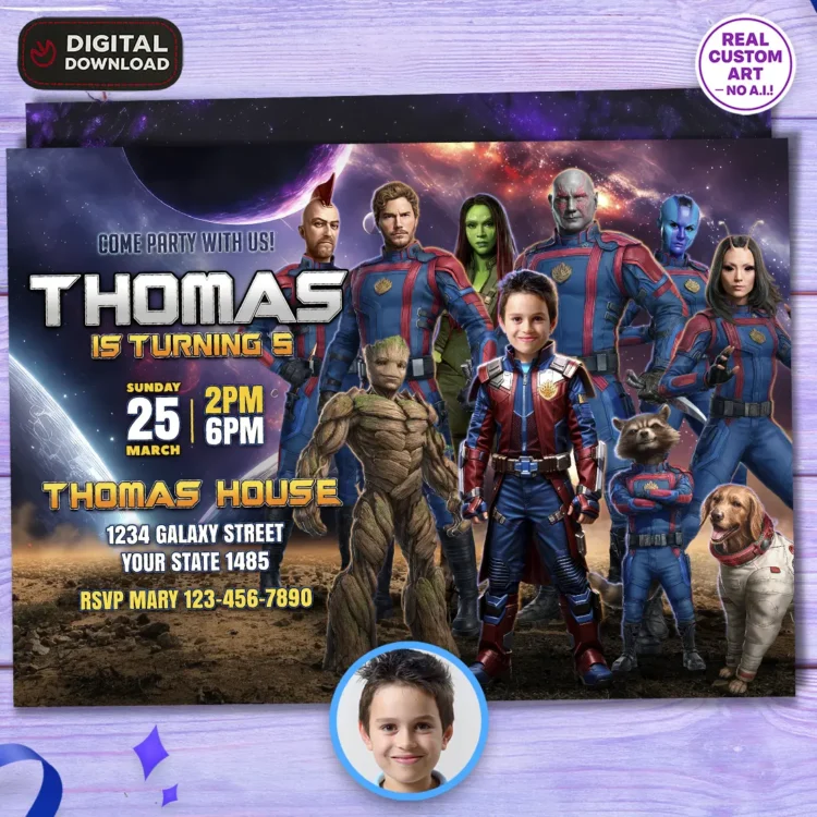 Guardians of the Galaxy Birthday Photo Invitation – Personalized Superhero Photo Card (24h Delivery) – Digital Download