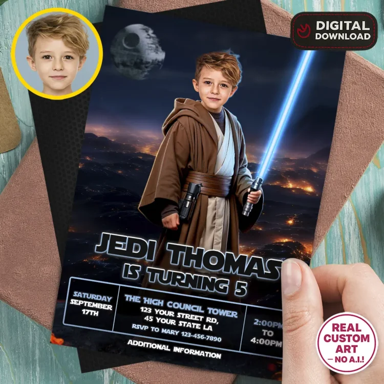 Star Wars Birthday Invitation with Photo – Personalized Jedi Kid Edition (24h Delivery) – Digital Download