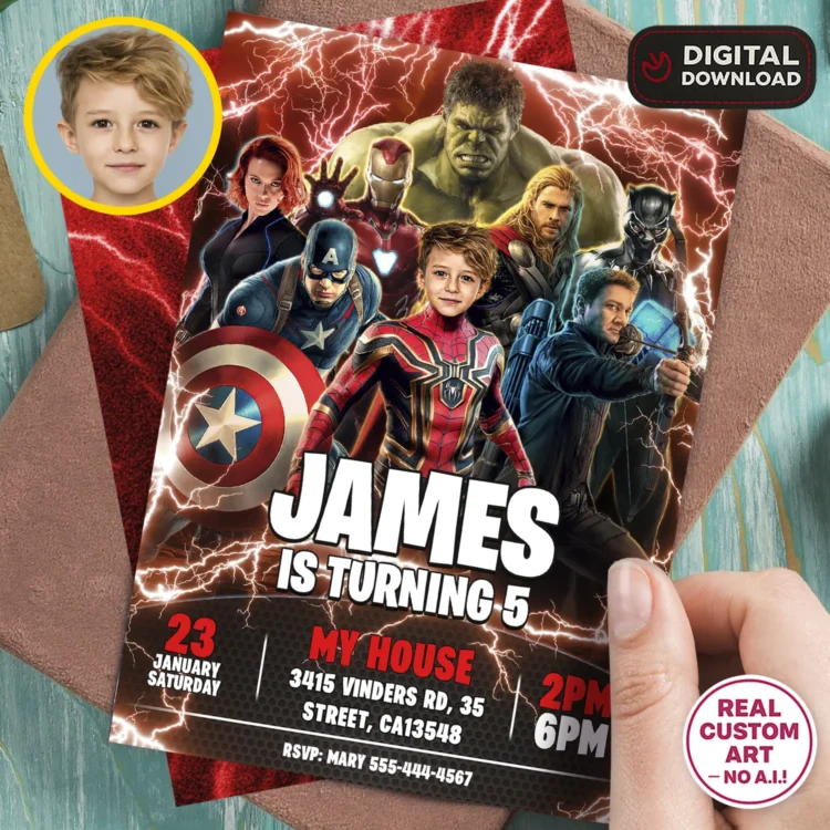 Avengers Birthday Invitation with Photo – Personalized Superhero Team Card (24h Delivery) – Digital Download