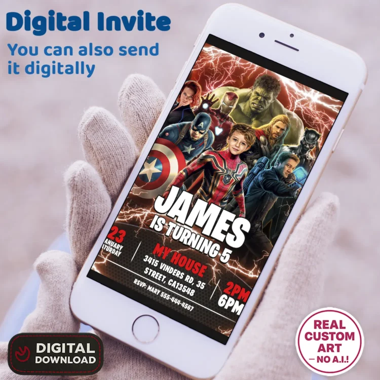 Avengers Birthday Invitation with Photo – Personalized Superhero Team Card (24h Delivery) – Digital Download