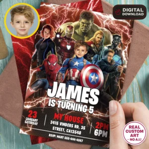 Avengers Birthday Invitation with Photo – Personalized Superhero Team Card (24h Delivery) – Digital Download
