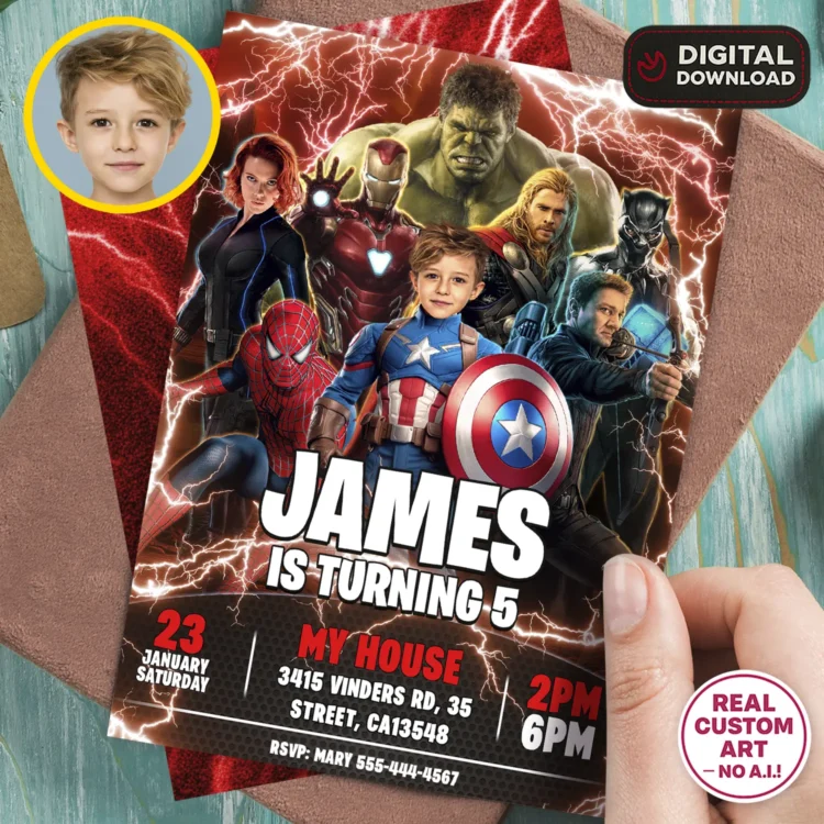 Avengers Birthday Invitation with Photo – Personalized Superhero Team Card (24h Delivery) – Digital Download