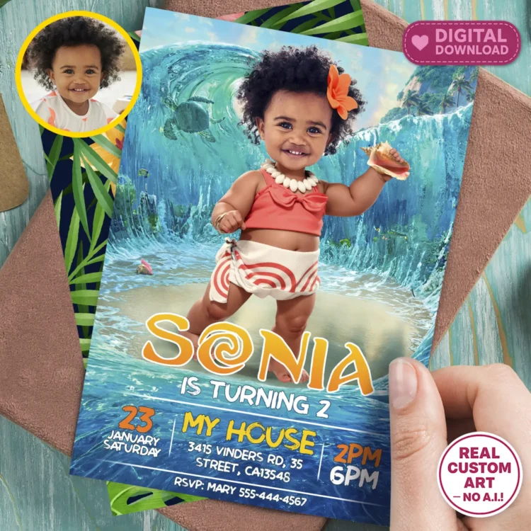 Baby Moana Birthday Invitation with Personalized Baby Girl Photo and Tropical Shells.