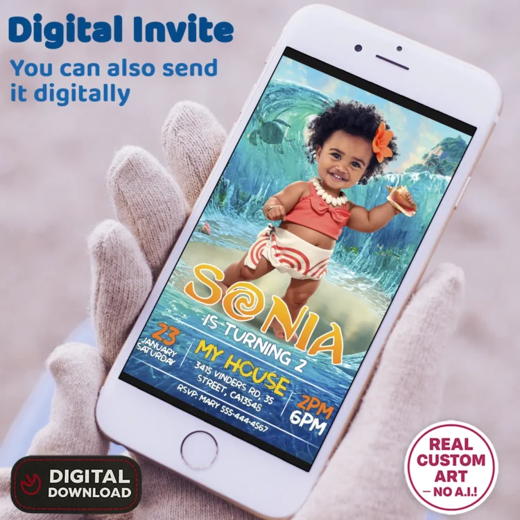 Baby Moana Birthday Invitation with Photo – Personalized Tropical Design (24h Delivery) – Digital Download