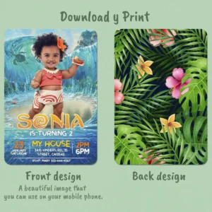 Baby Moana Birthday Invitation with Photo | Personalized 1st Birthday Girl Tropical Invite