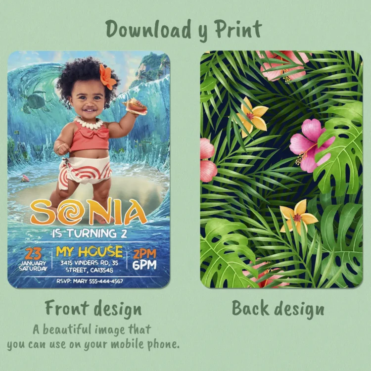Baby Moana Birthday Invitation with Photo | Personalized 1st Birthday Girl Tropical Invite