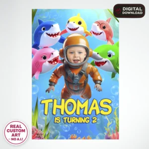 Baby Shark Birthday Welcome Sign with Photo – Personalized 16×24 Vertical (24h Delivery) – Digital Download