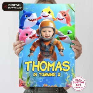 Baby Shark Birthday Welcome Sign with Photo – Personalized 16×24 Vertical (24h Delivery) – Digital Download