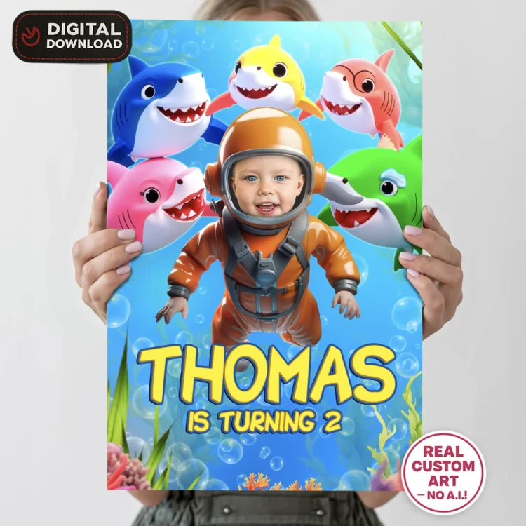 Baby Shark Birthday Welcome Sign with Photo – Personalized 16×24 Vertical (24h Delivery) – Digital Download
