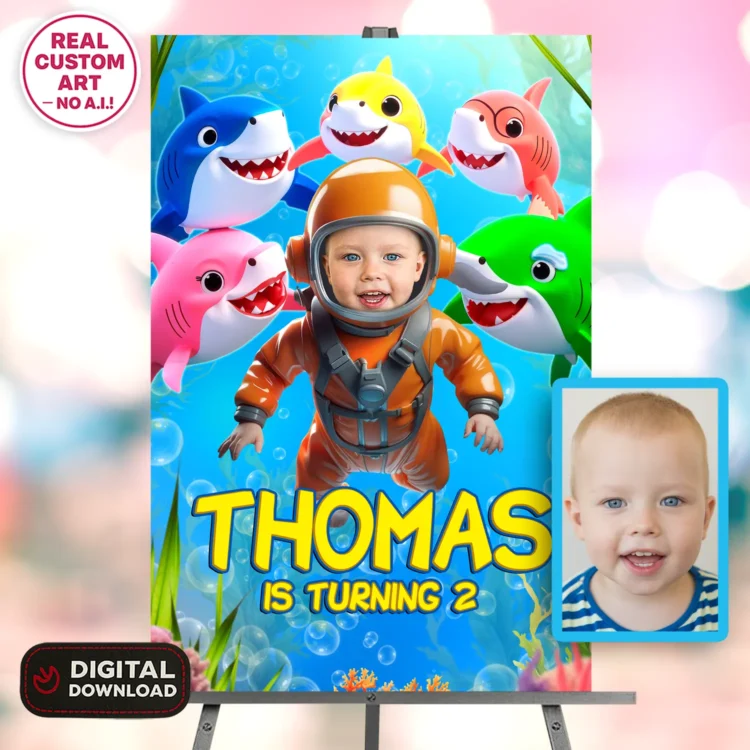 Baby Shark Birthday Welcome Sign with Photo – Personalized 16×24 Vertical (24h Delivery) – Digital Download