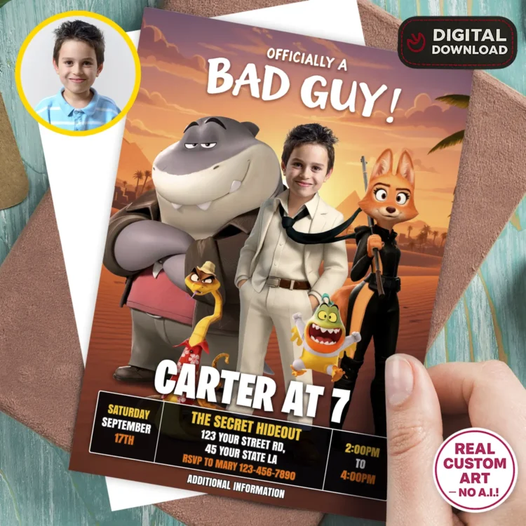 The Bad Guys Birthday Invitation with Photo – Personalized 5×7 Vertical (24h Delivery) – Digital Download