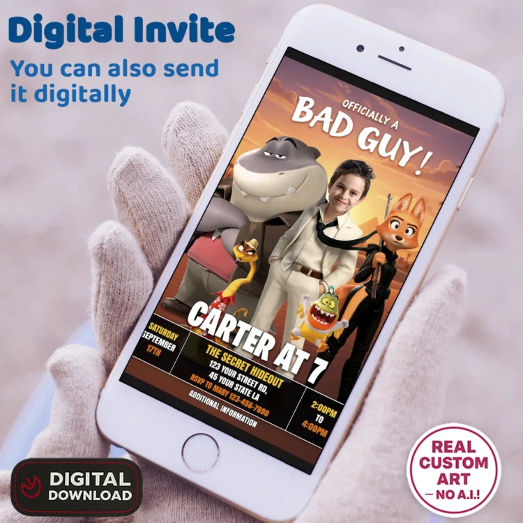 The Bad Guys Birthday Invitation with Photo – Personalized 5×7 Vertical (24h Delivery) – Digital Download