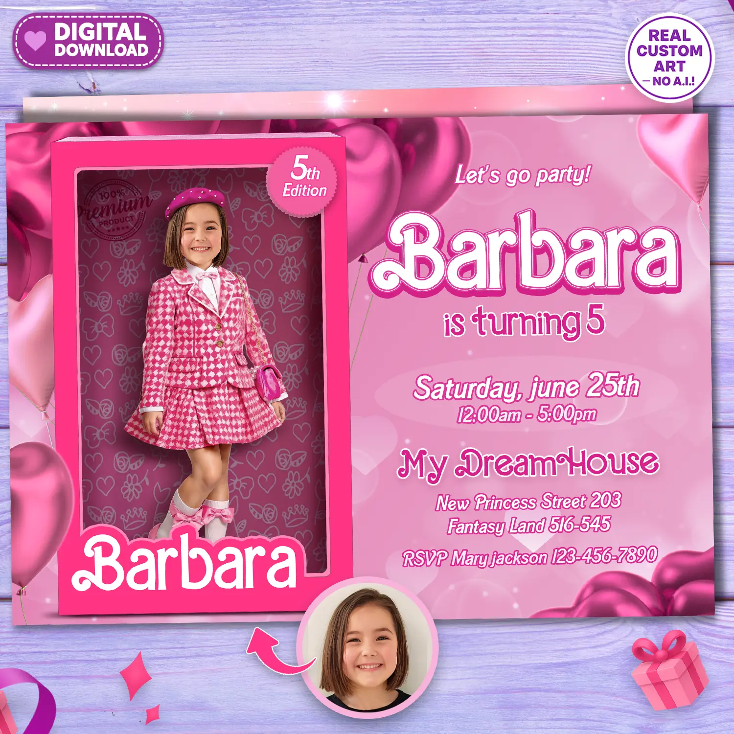 Barbie Birthday Invitation with Photo – Personalized 5×7 Vertical (24h Delivery) – Digital Download