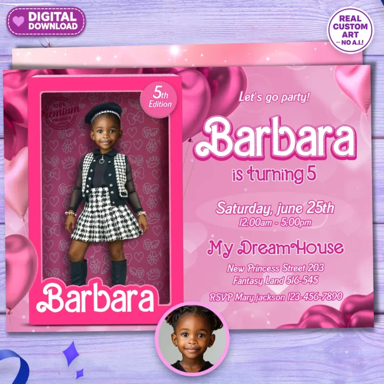Barbie Birthday Photo Invitation – Personalized Doll-Themed Design (5x7, 24h) – Digital Download
