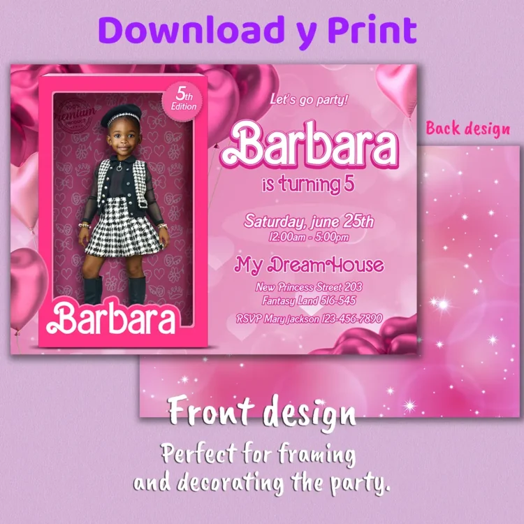 Barbie Birthday Photo Invitation – Personalized Doll-Themed Design (5x7, 24h) – Digital Download