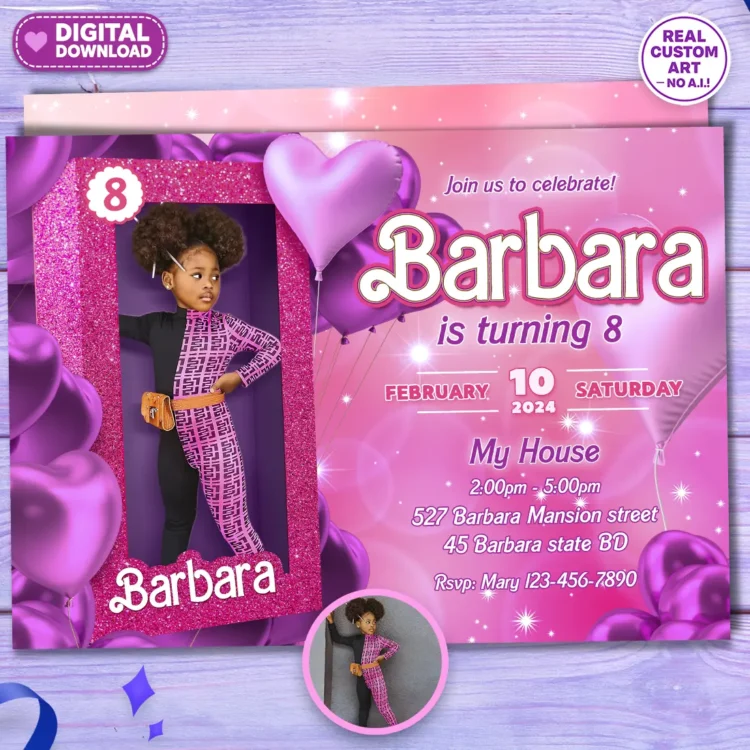 Barbie Purple Sparkle Birthday Photo Invitation – Personalized Barbie Photo Card (24h Delivery) – Digital Download