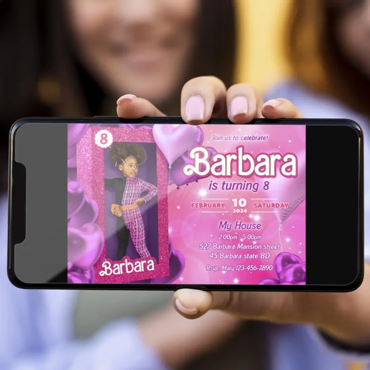 Barbie Purple Sparkle Birthday Photo Invitation – Personalized Barbie Photo Card (24h Delivery) – Digital Download
