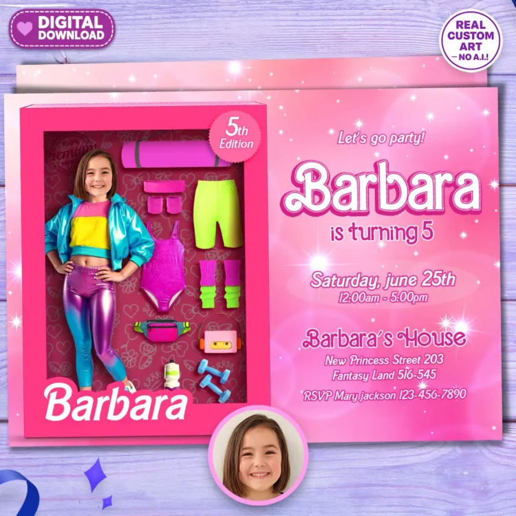Barbie Gymnastics Birthday Photo Invitation – Personalized 5×7 (24h Delivery) – Digital Download