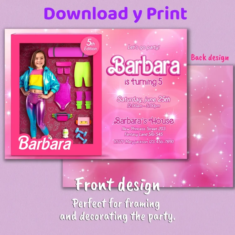 Barbie Gymnastics Birthday Photo Invitation – Personalized Barbie Photo Card (24h Delivery) – Digital Download