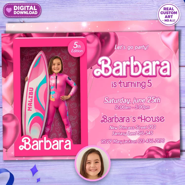 Barbie Malibu Birthday Photo Invitation – Personalized Pink Glam Card (24h Delivery) – Digital Download