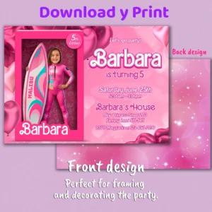 Barbie Malibu Birthday Photo Invitation – Personalized Pink Glam Card (24h Delivery) – Digital Download