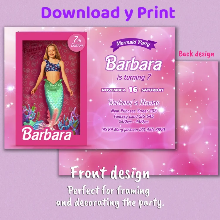 Barbie Mermaid Birthday Photo Invitation