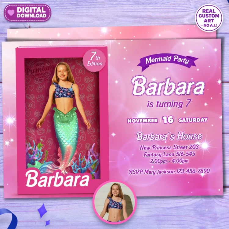Barbie Mermaid Birthday Photo Invitation
