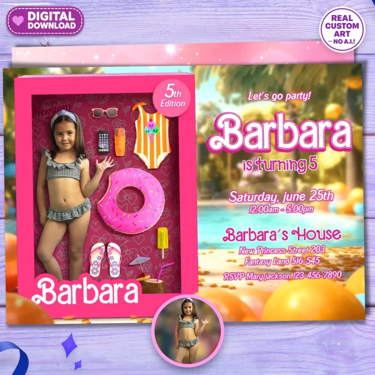 Barbie Pool Party Birthday Photo Invitation – Personalized Barbie Photo Card (24h Delivery) – Digital Download