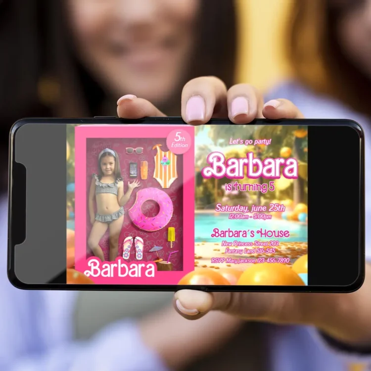 Barbie Pool Party Birthday Photo Invitation – Personalized Barbie Photo Card (24h Delivery) – Digital Download