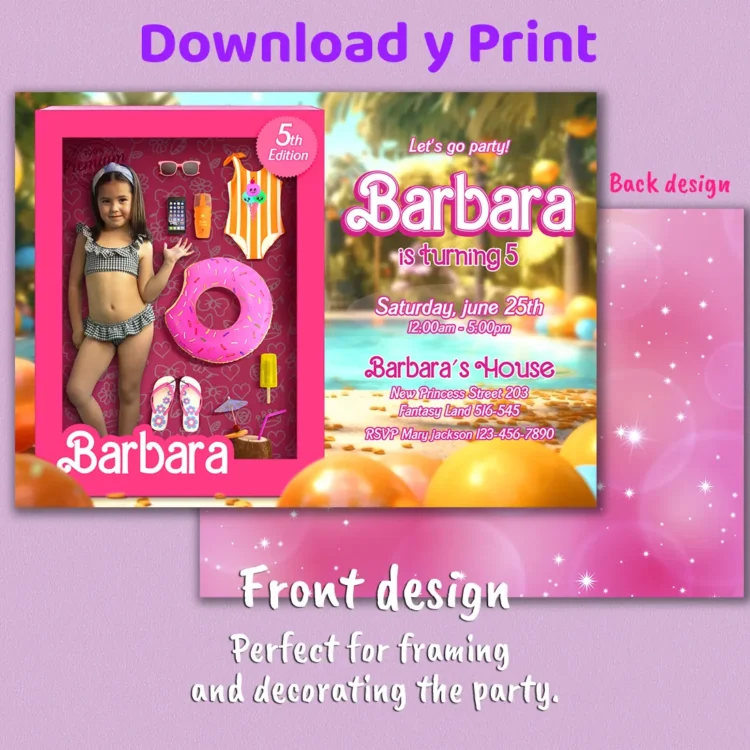 Barbie Pool Party Birthday Photo Invitation – Personalized Barbie Photo Card (24h Delivery) – Digital Download