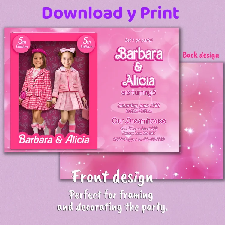 Barbie Sisters & Friends Birthday Photo Invitation – Two Kids – Personalized (24h Delivery) – Digital Download