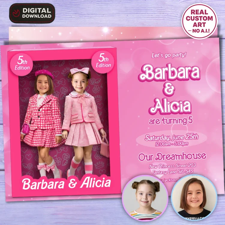 Barbie Sisters & Friends Birthday Photo Invitation – Two Kids – Personalized (24h Delivery) – Digital Download