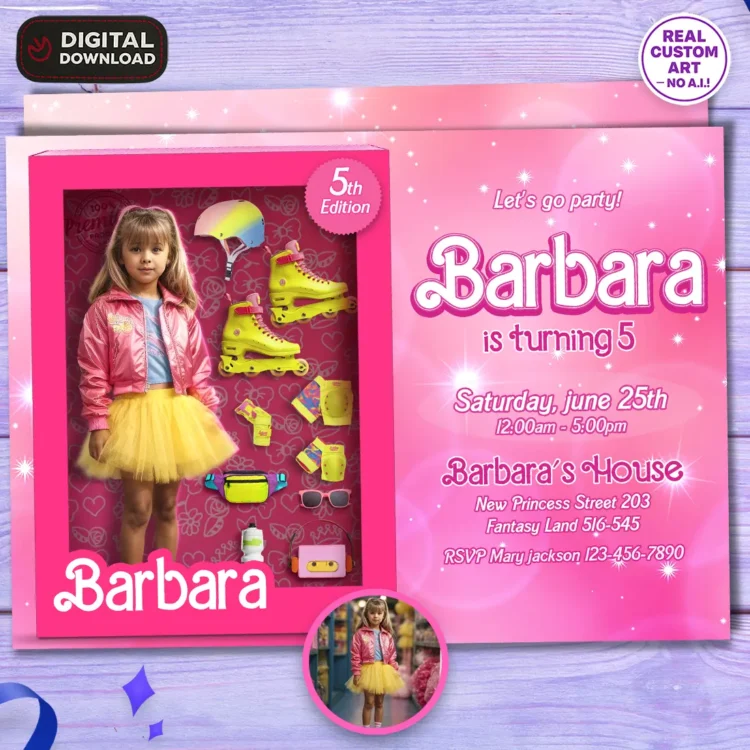 Barbie Roller Skater Birthday Photo Invitation – Personalized Pink Glam Photo Card (24h Delivery) – Digital Download
