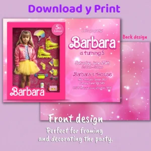 Barbie Roller Skater Birthday Photo Invitation – Personalized Pink Glam Photo Card (24h Delivery) – Digital Download