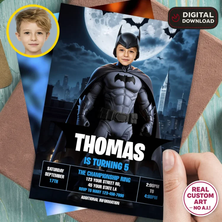 Batman Birthday Invitation with Photo – Personalized Superhero Photo Card (24h Delivery) – Digital Download
