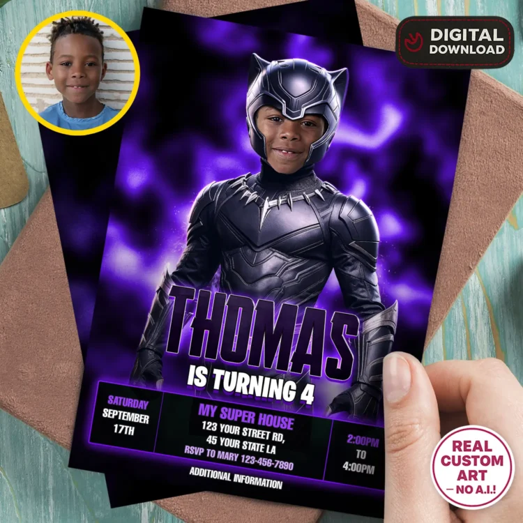 Black Panther Birthday Invitation with Photo – Personalized Superhero Design (24h Delivery) – Digital Download