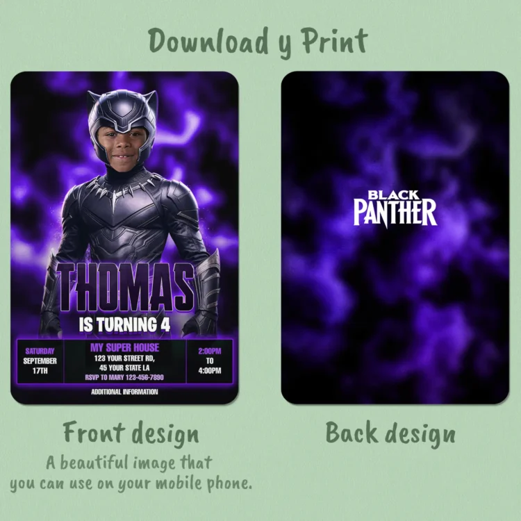 Black Panther Birthday Invitation with Photo – Personalized Superhero Design (24h Delivery) – Digital Download